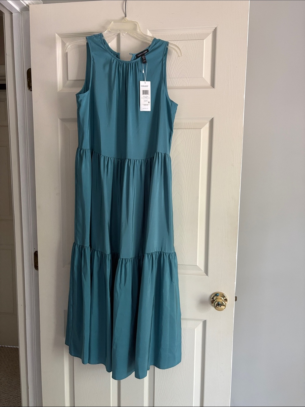 Eileen Fisher Silk Teal Sleeveless Tiered long Dress